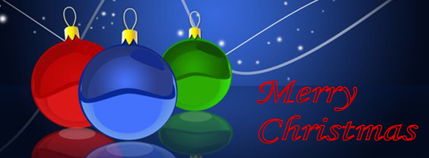 <h5>Christmas Facebook Free Cover - Blue Background with Red, Green and Blue Ornaments</h5>