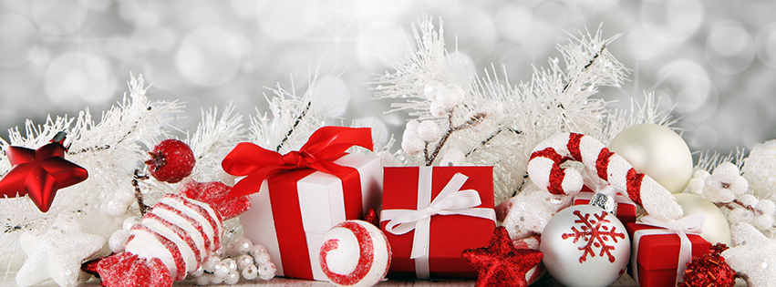 <h5>Christmas Facebook Free Cover - Grey Background with Red and White Presents</h5>