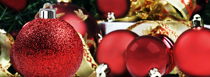 <h5>Christmas Facebook Free Cover - Red and Gold Christmas Ornaments</h5>